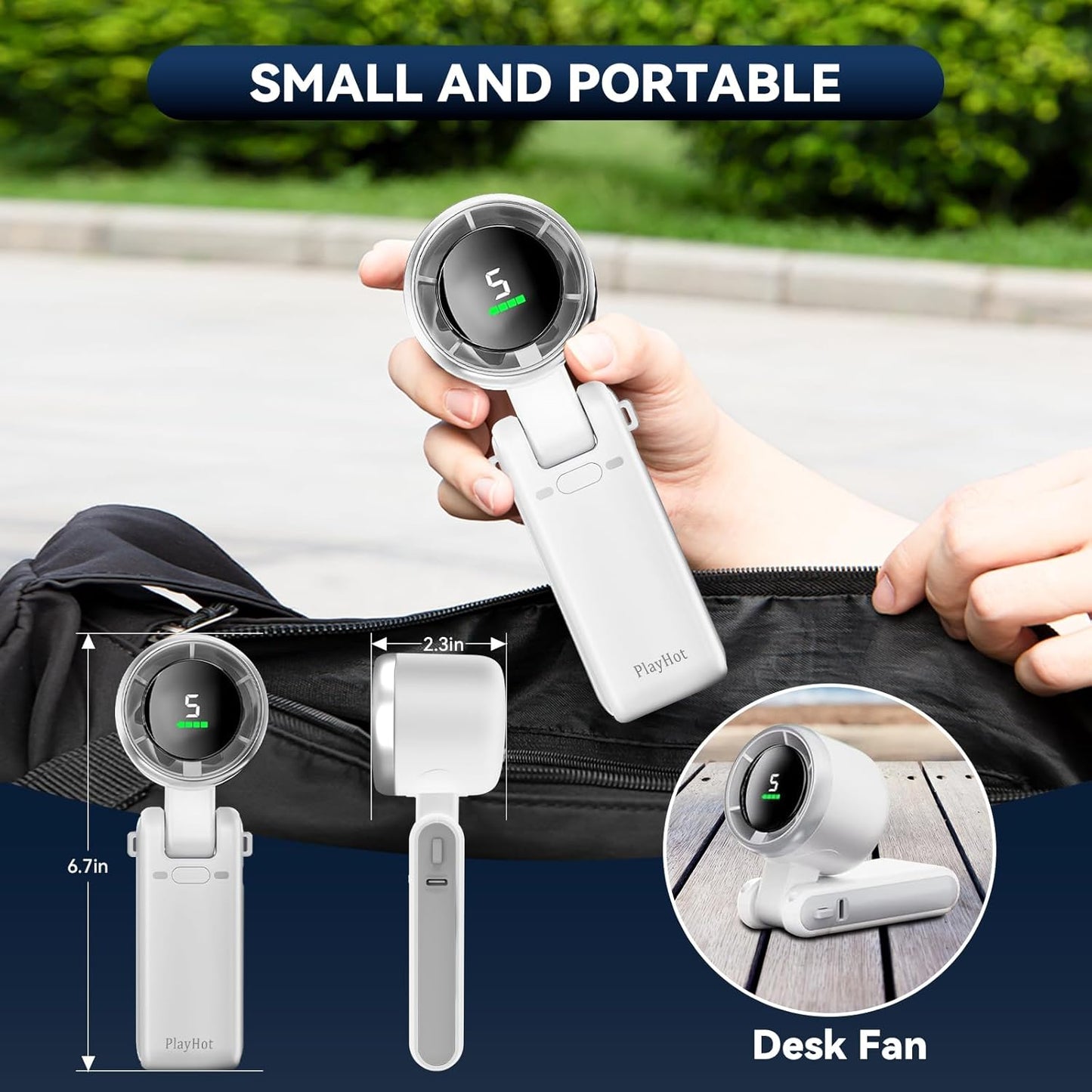 Portable Handheld Turbo Fan, 5 Gear Wind, Battery Operated, up to 12 Working Hours, 3 in 1 Hand Fans with Air Turbo Tech Cooling Fan for Outdoor Activities, Travel, Beach (White)
