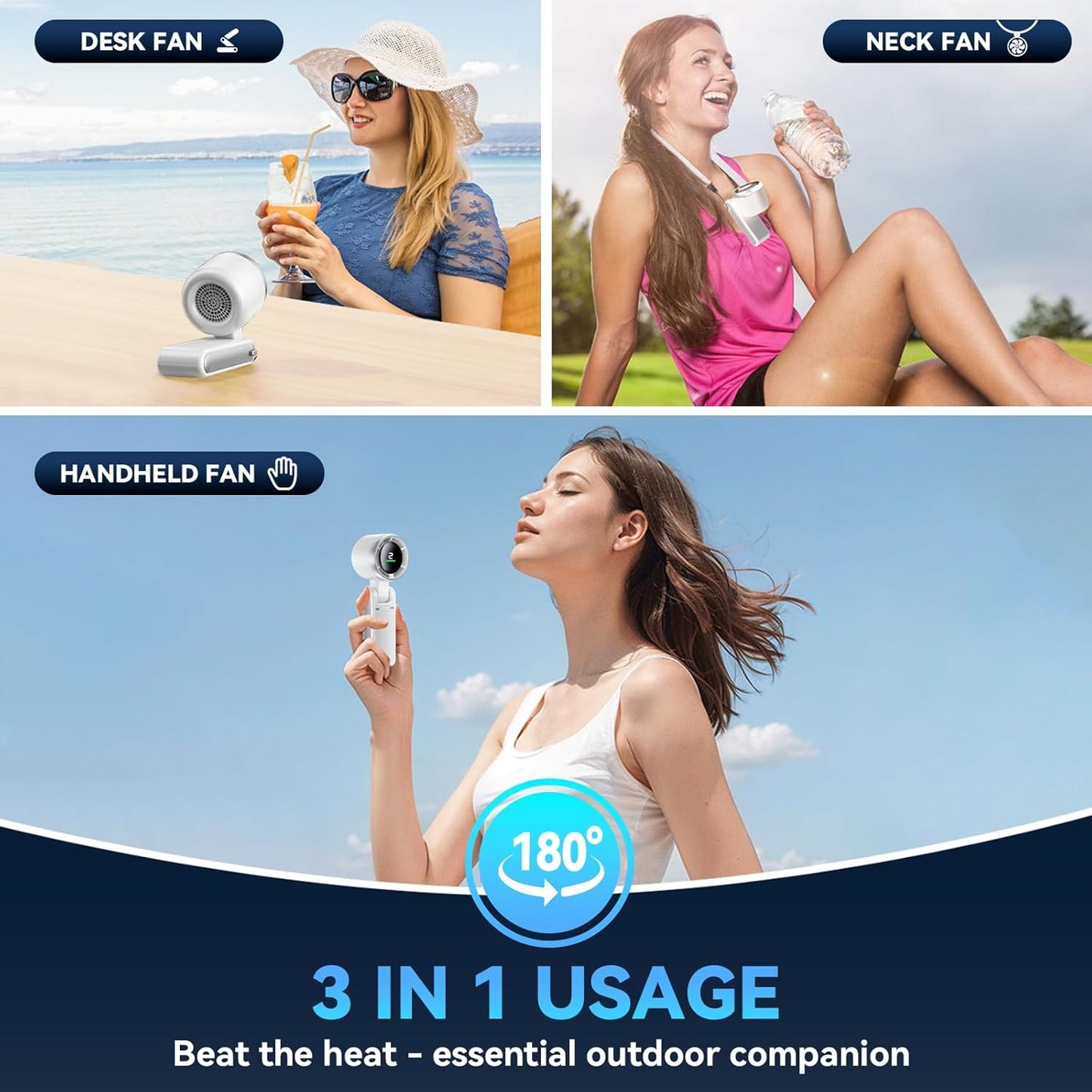 Portable Handheld Turbo Fan, 5 Gear Wind, Battery Operated, up to 12 Working Hours, 3 in 1 Hand Fans with Air Turbo Tech Cooling Fan for Outdoor Activities, Travel, Beach (White)